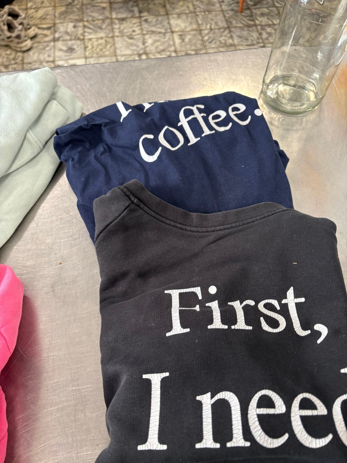 Comfortabele "First, I need coffee" sweaters, Kleding | Dames, T-shirts, Blauw, Lange mouw, Gedragen, Ophalen