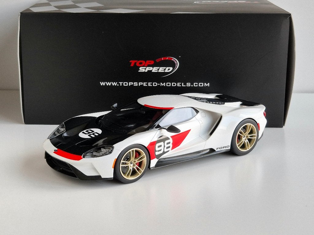 1:18 Topspeed Ford GT Heritage Edition 2021 Wit, Hobby en Vrije tijd, Ophalen of Verzenden, Zo goed als nieuw, Auto, Overige merken