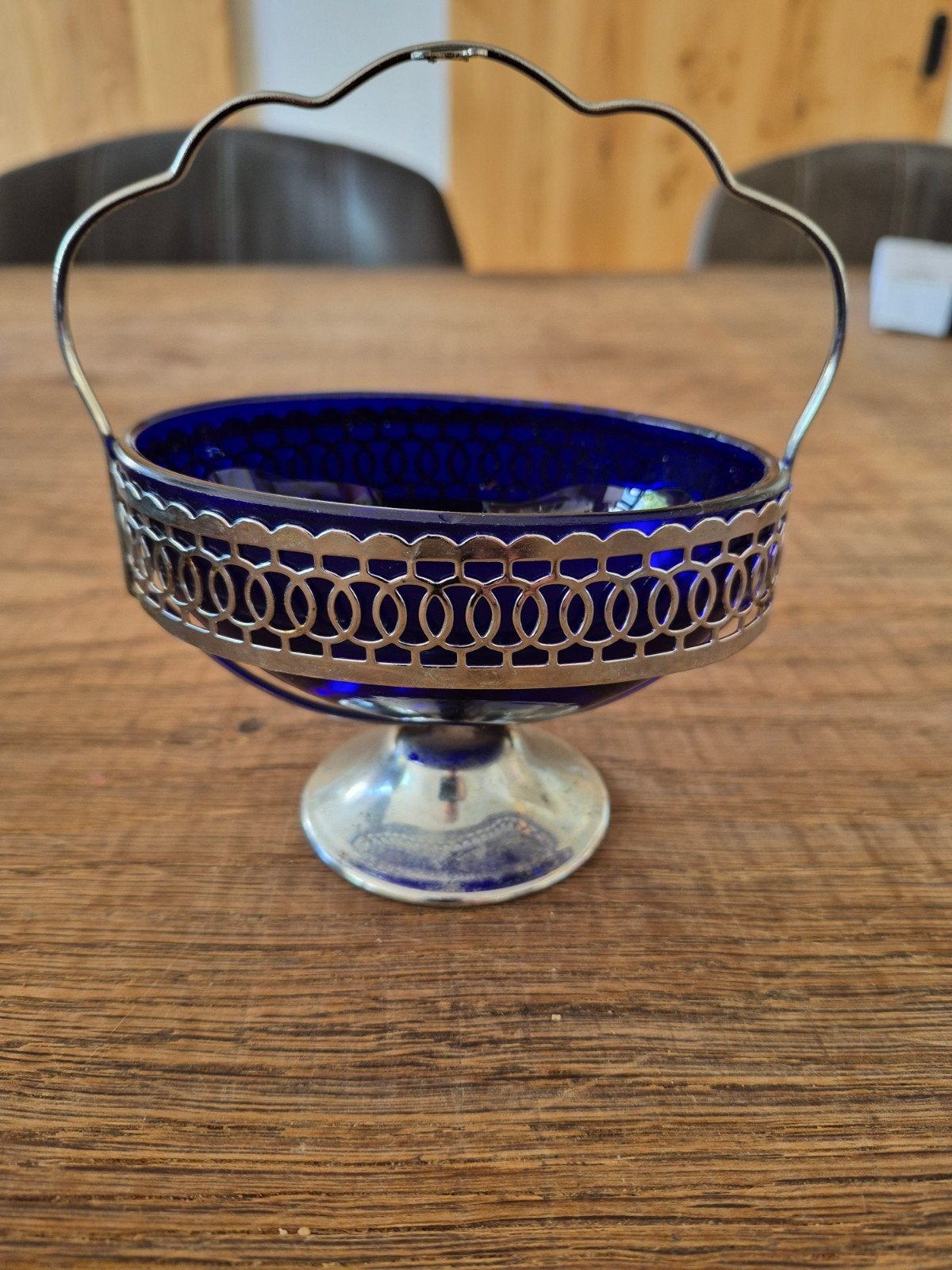 Vintage kobaltblauw glazen suikerschaaltje. Verzilverd bakje, Ophalen of Verzenden