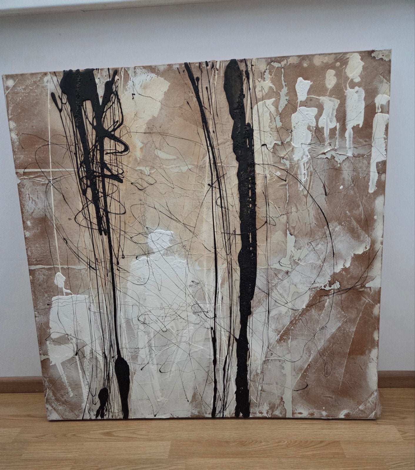 Abstract Schilderij - Zwart, Wit en Bruin 1 mtr x 1 mtr, Ophalen