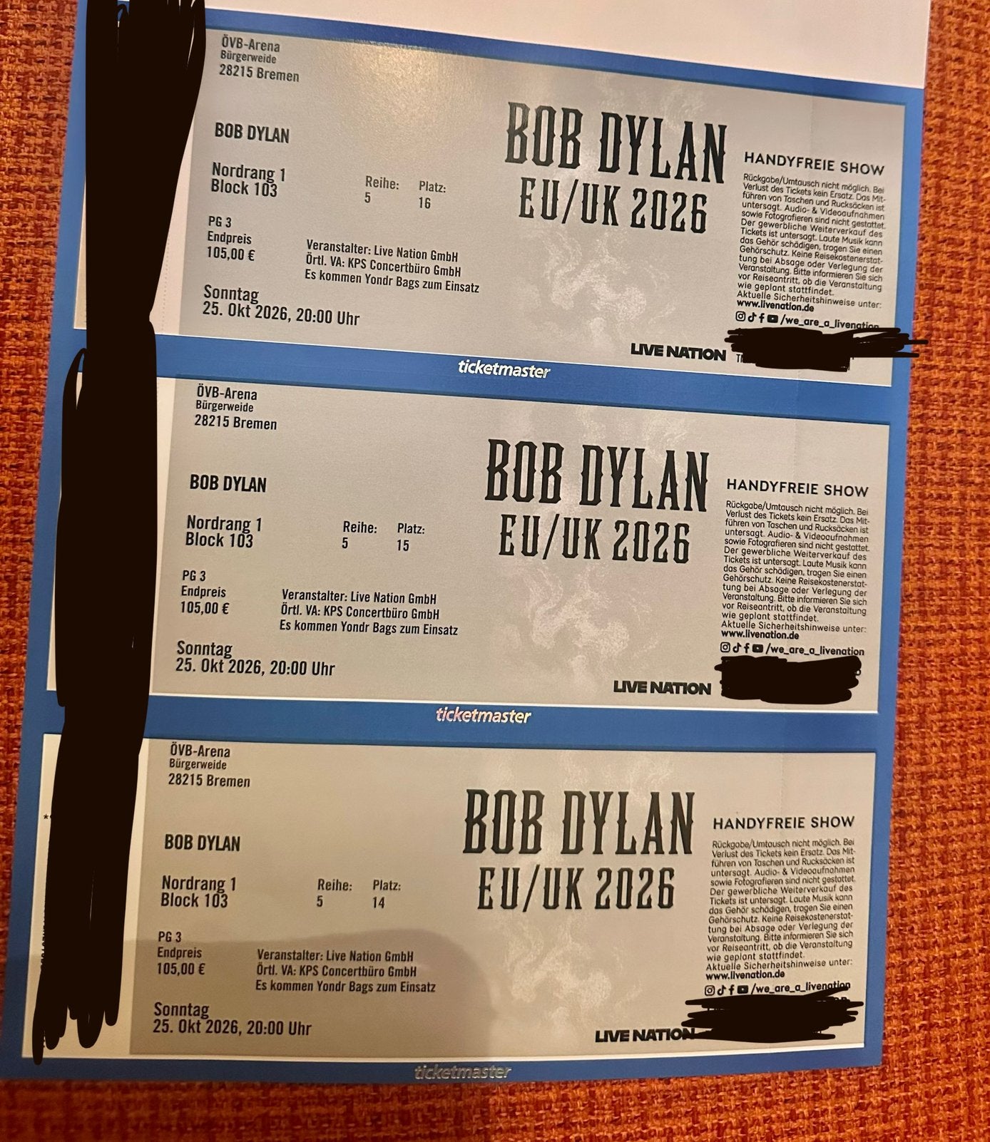 1,2 of 3 tickets Bob Dylan 25 oktober Bremen, topplaatsen!, Drie personen of meer, Oktober