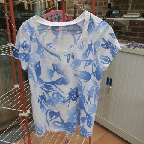 T-shirt wit blauw print Gigue mt 38, Kleding | Dames, Blauw, Ophalen of Verzenden, Zo goed als nieuw, Korte mouw
