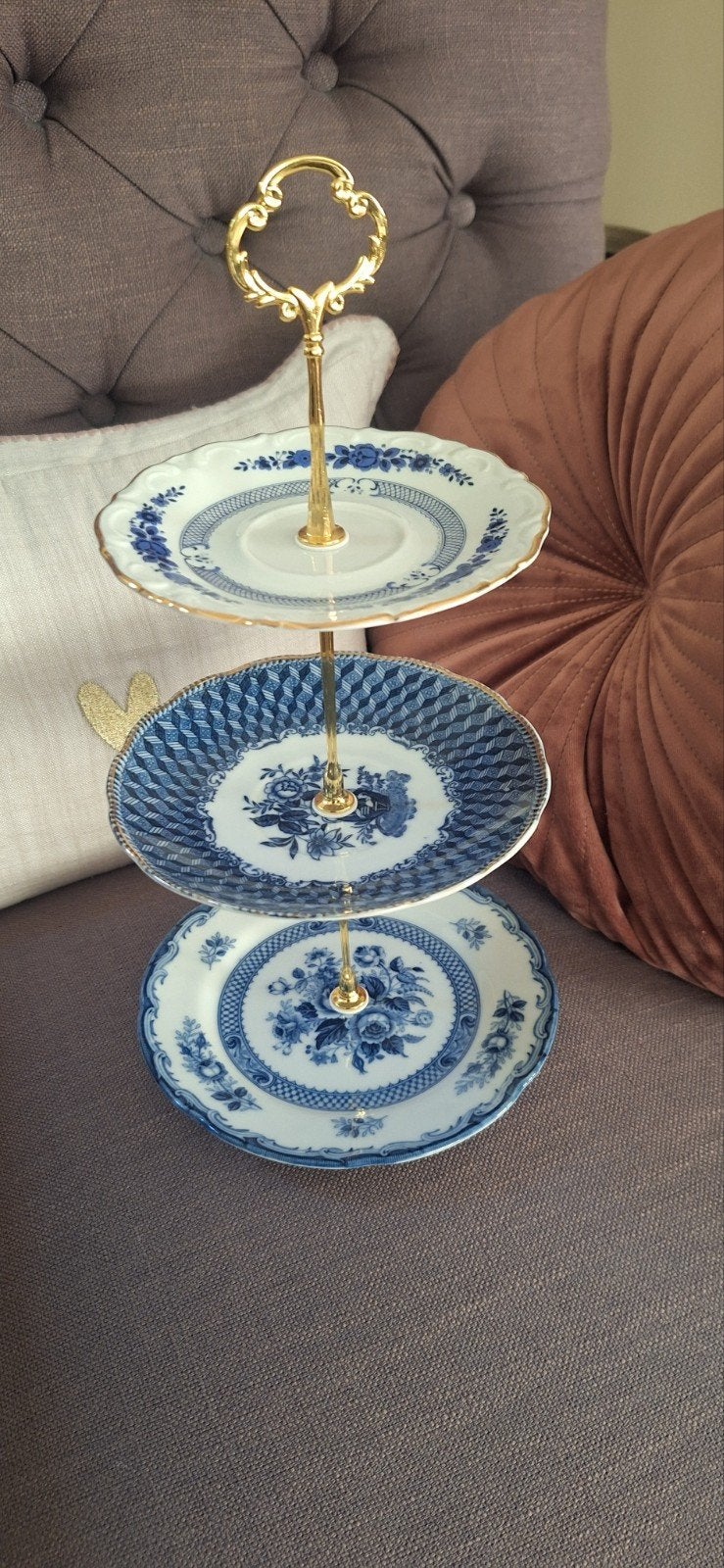 Brocante etagère blauwtinten handmade €22,50, Ophalen, Nieuw, Rond, Steen/keramiek