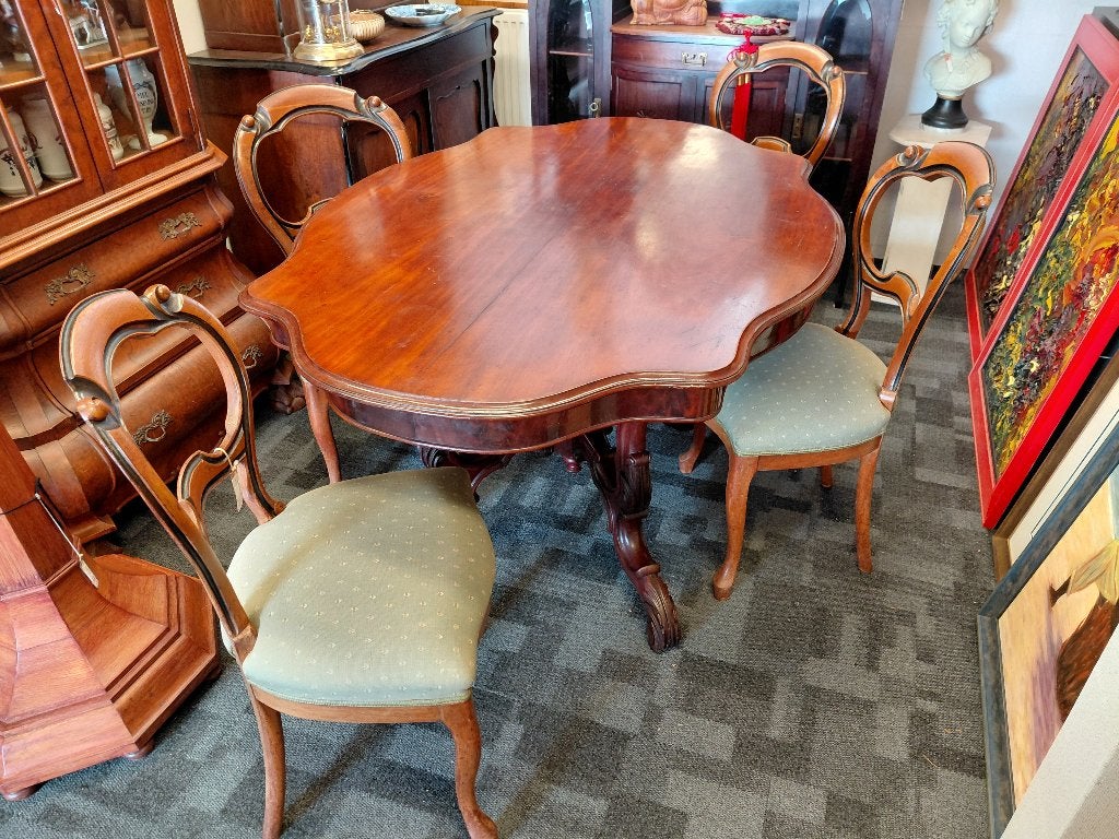 Biedermeier mahonie eethoek, spinnekoptafel + 4 oorstoelen., Ophalen