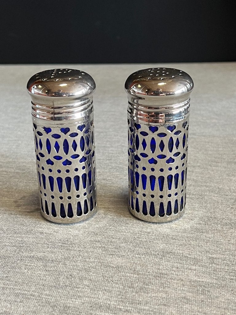 Verzilverd Peper en Zoutstel Blauw Glas, Ophalen of Verzenden
