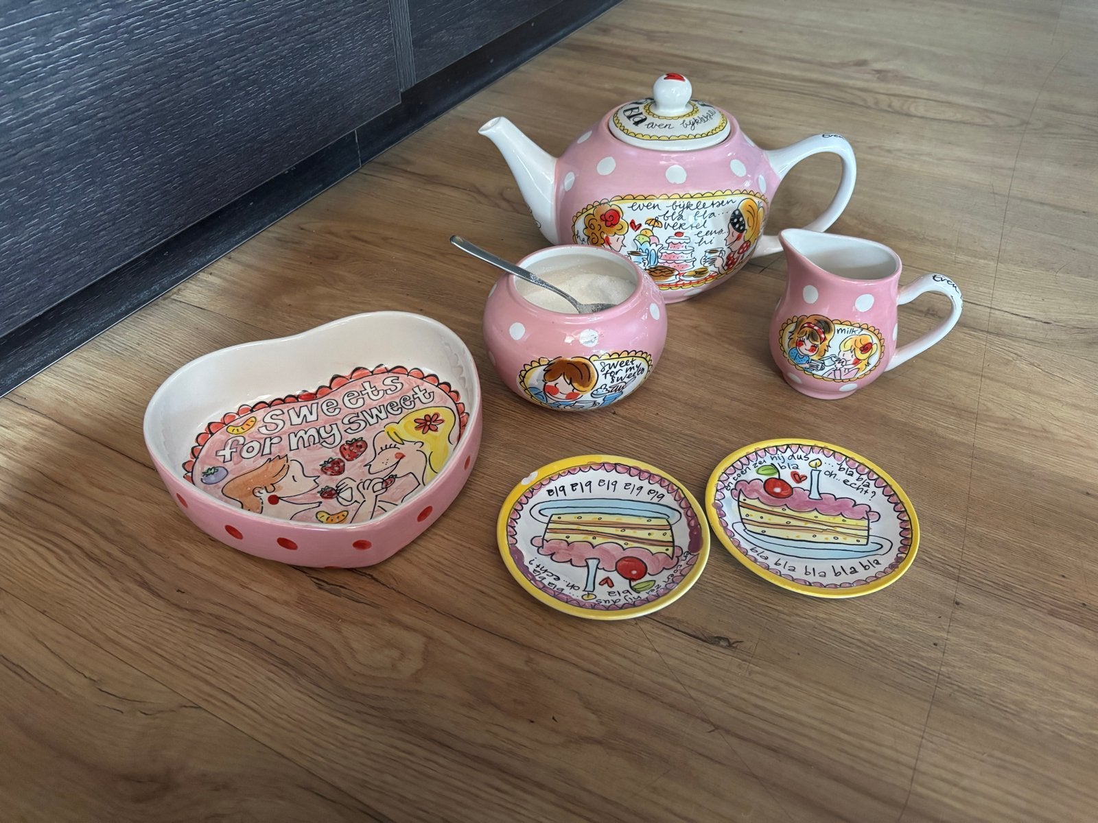 Blond Amsterdam theepot, suikerpot, melkkan, schaaltjes, Ophalen, Gebruikt, Keramiek, Modern
