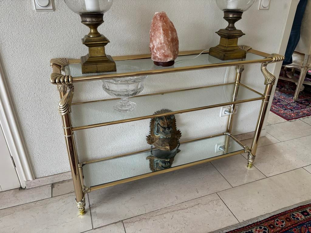 Tafel Sidetable / bijzettafel van messing en glas, Gebruikt, 50 tot 100 cm, Ophalen of Verzenden, Glas
