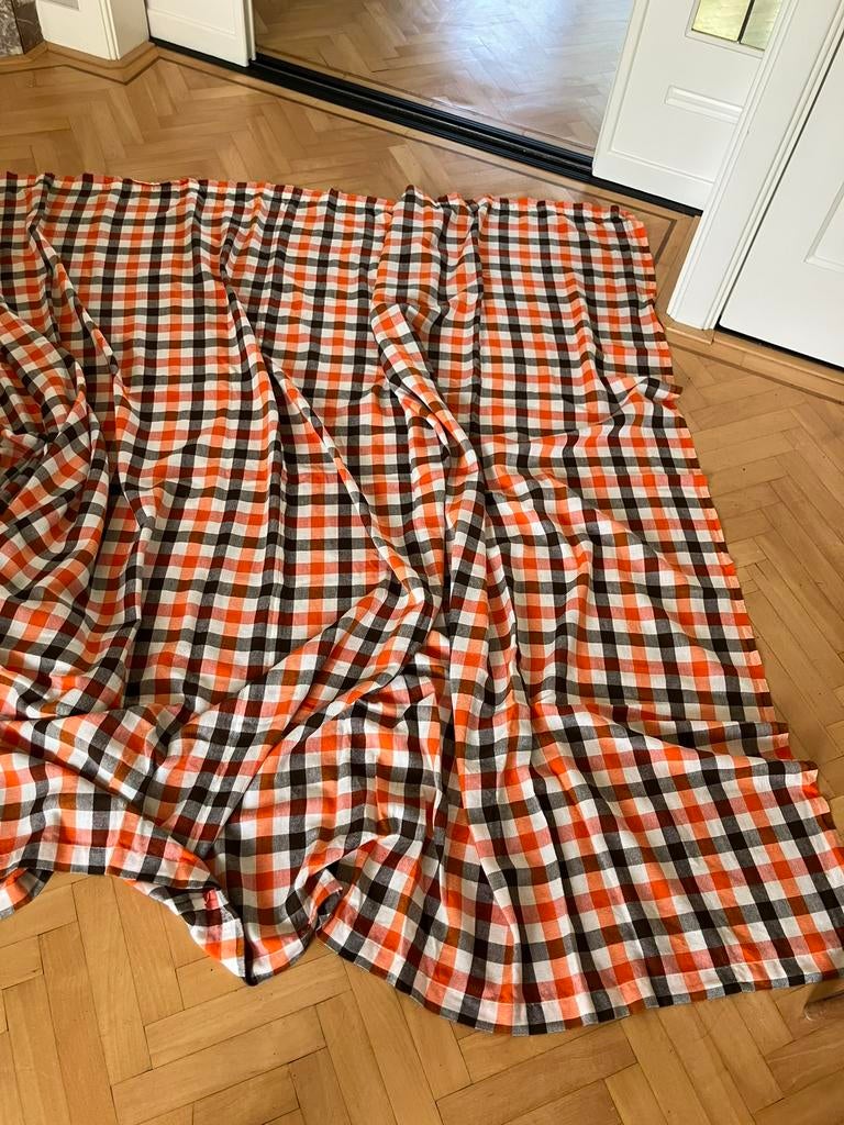 Retro jaren 70 gordijn oranje, bruin, beige geblokt, Huis en Inrichting, Stoffering | Gordijnen en Lamellen, Ophalen of Verzenden