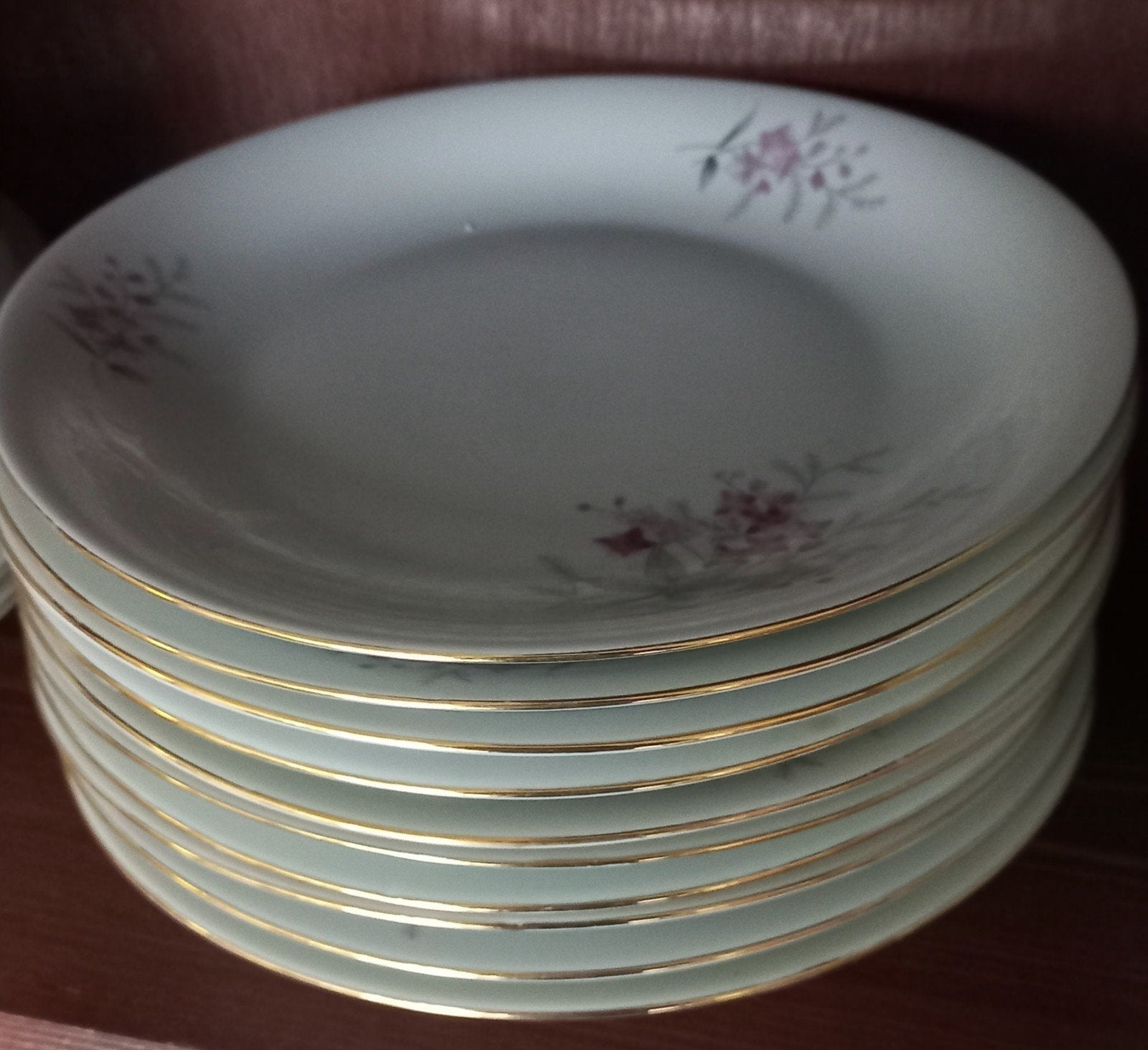 Brocante set van 10 ontbijtbordjes, paarse bloempjes, Wawel, Antiek en Kunst, Ophalen of Verzenden