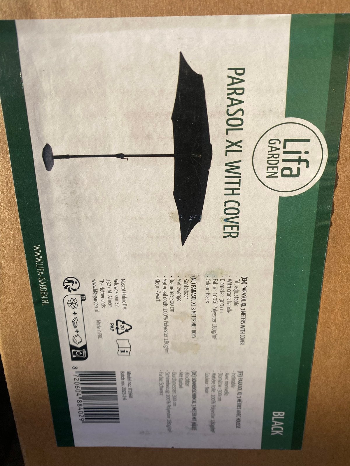 Parasol xl zwart nieuw in doos, Ophalen of Verzenden, Nieuw, Zweefparasol