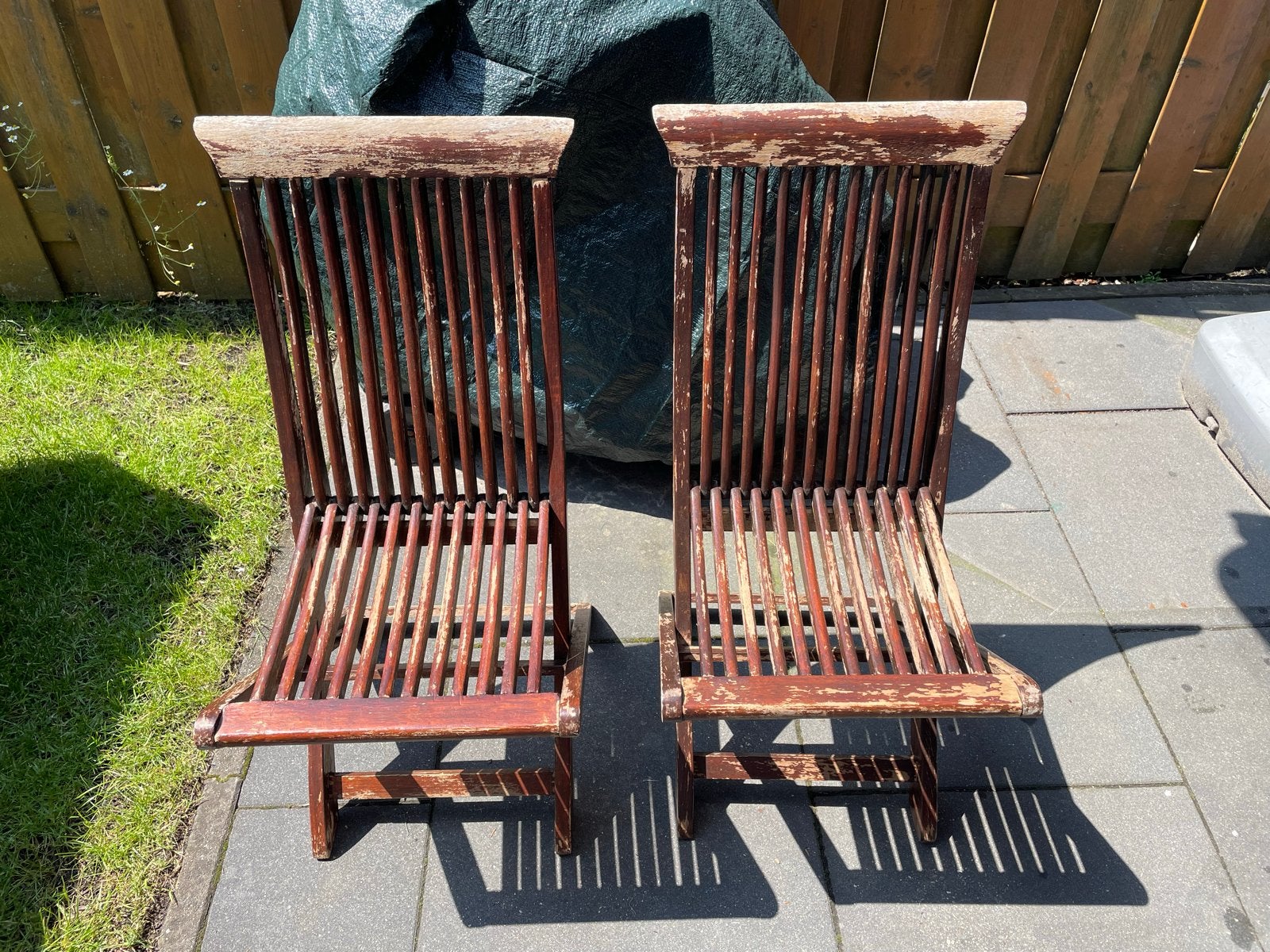 2x ScanCom Teakhouten Tuinstoelen - Opknapper, Ophalen, Gebruikt, Teakhout, Inklapbaar