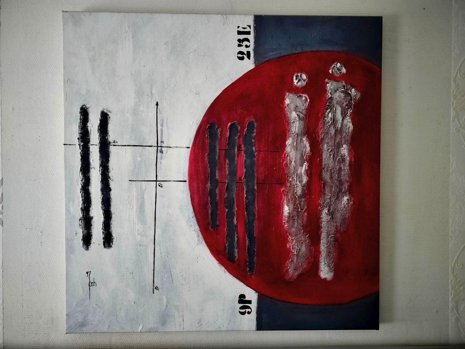 Abstract Schilderij Rood Zwart Wit - 100x100 cm, Ophalen