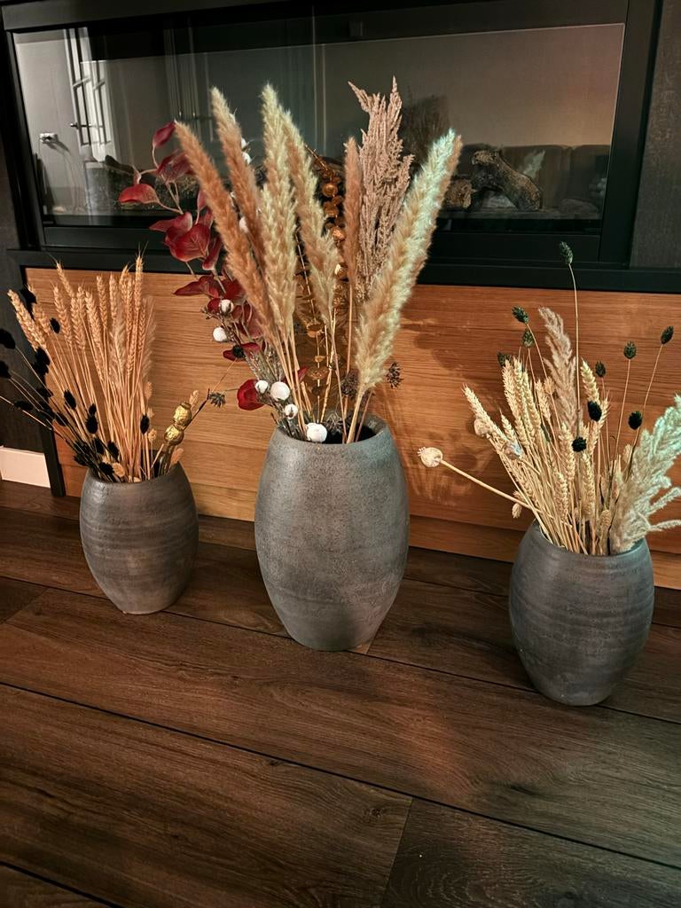 Set van 3 grijze bloempotten met droogbloemen, Ophalen, Gebruikt