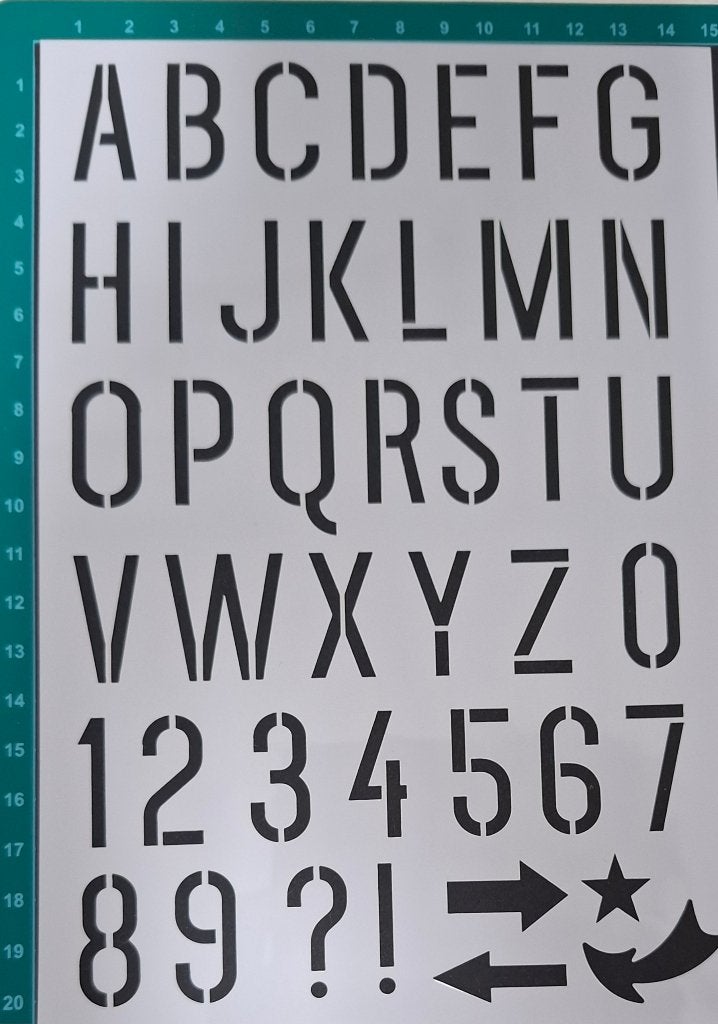Deco stencil A5 letters, cijfers, pijlen NIEUW