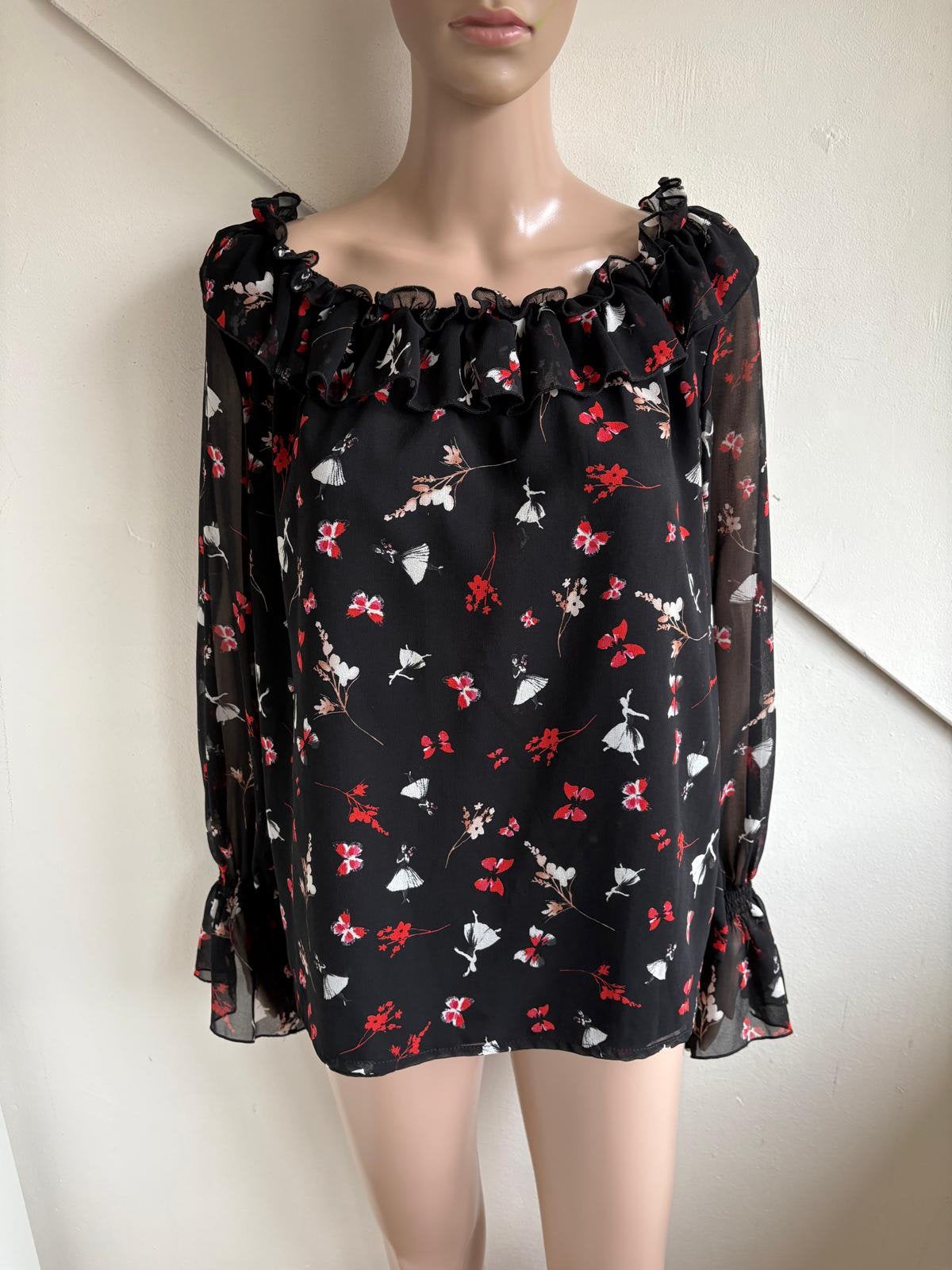 Liu jo blouse top maat L zwart rood roze bloemen roezels, Ophalen of Verzenden, Zo goed als nieuw, Maat 38/40 (M), Zwart