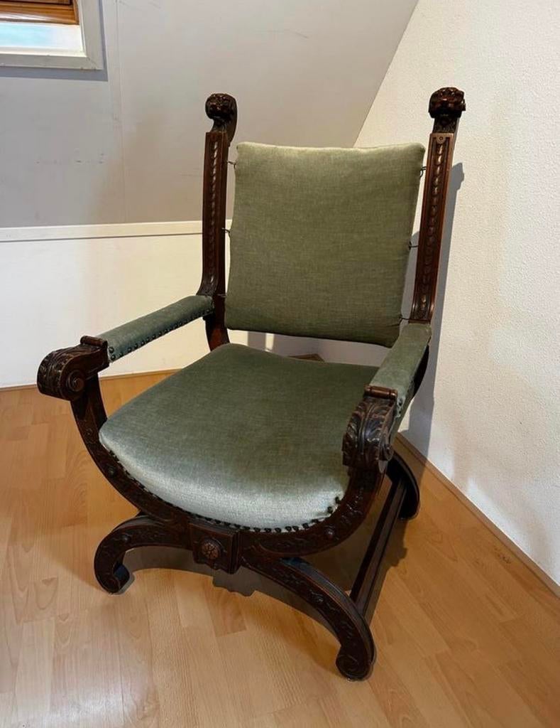 Antieke Savonarola stoel met groen fluwelen bekleding, Ophalen