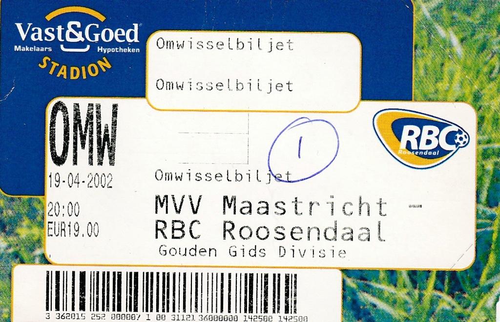 Ticket:MVV Maastricht v RBC Roosendaal 19-04-2002, Verzenden, Gebruikt, Overige binnenlandse clubs