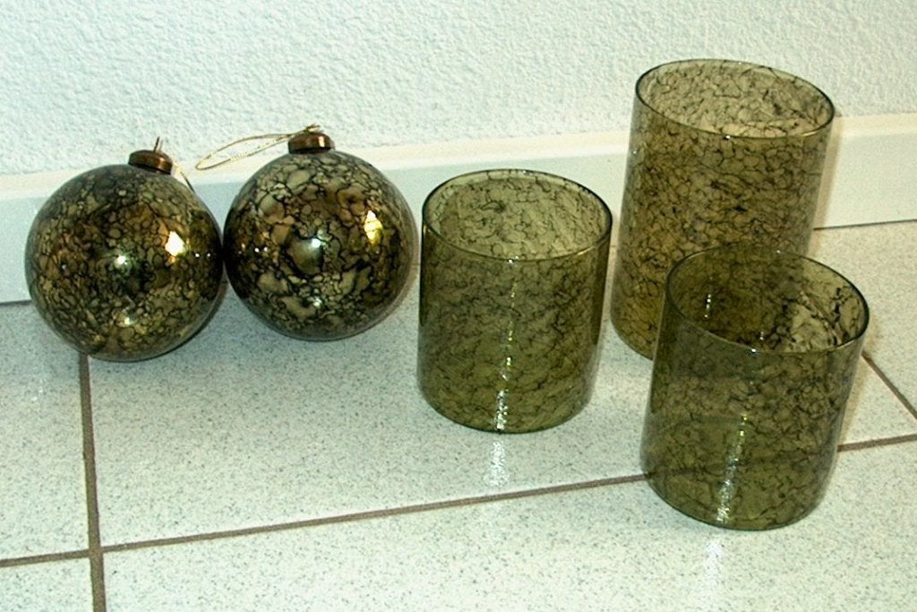 3x glas windlicht zwart / groen gevlamd + 2 ballen (glas), Ophalen, Zo goed als nieuw, Groen, Overige materialen