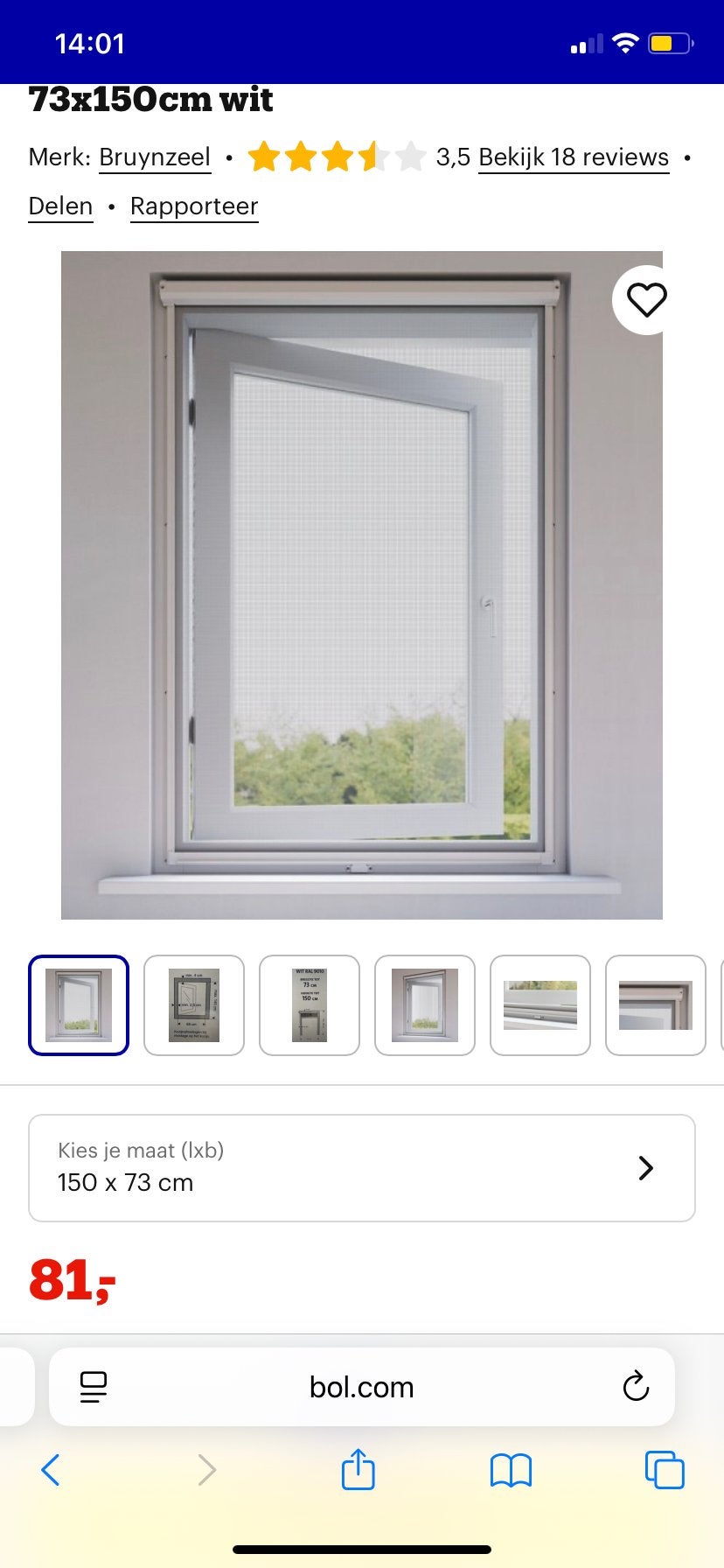 Bruynzeel rolhor raam S500 wit 73x150cm, Ophalen, Gevelraam of Ruit, Minder dan 80 cm, 120 tot 160 cm