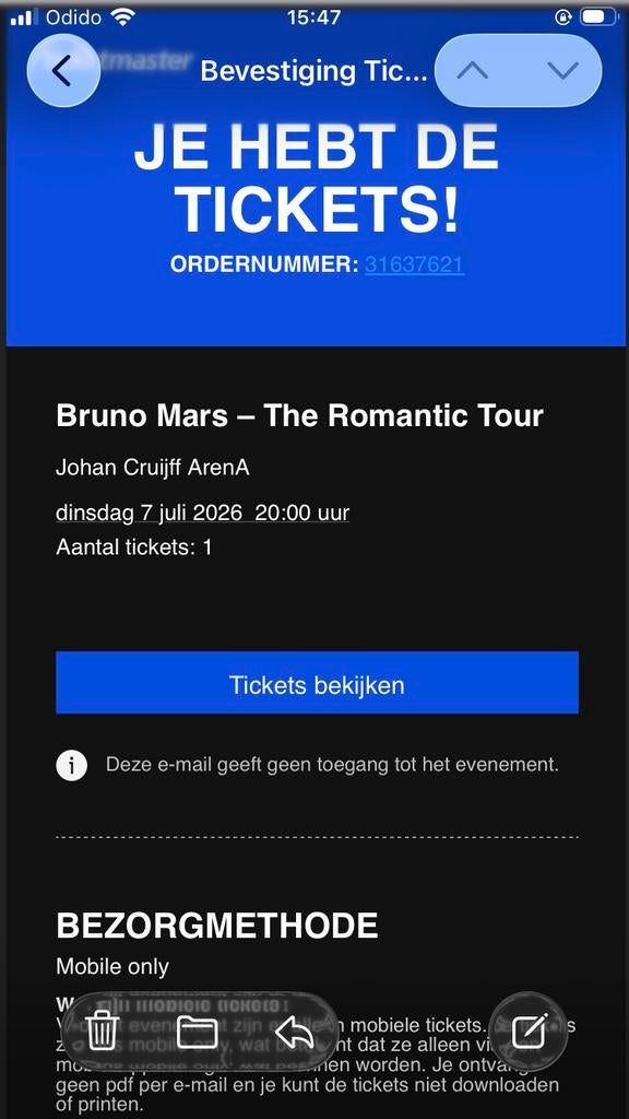 1 kaart zitplaats Bruno Mars, Tickets en Kaartjes, Eén persoon