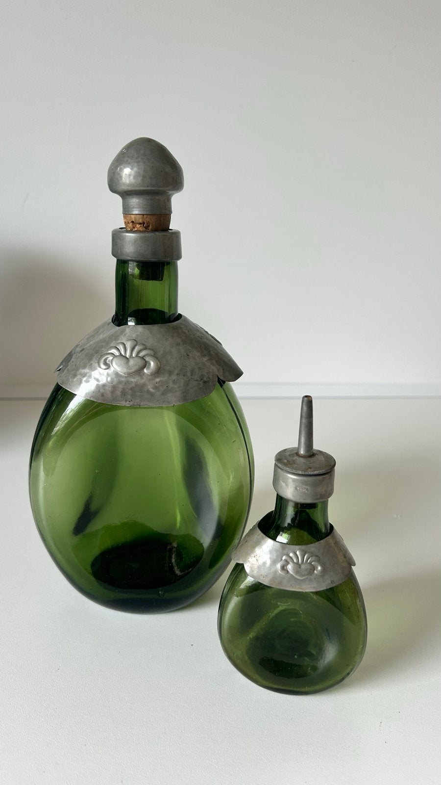 Antiek Olie en Azijn Stel - Groen Glas met Tin, Ophalen