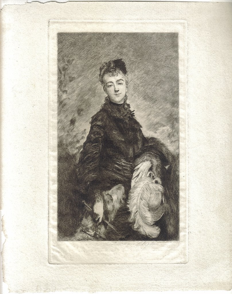Jules Armand Hanriot ets "Vrouw met Hoed in de Hand", Antiek en Kunst, Ophalen, 1800 - 1899, Ets, Portret