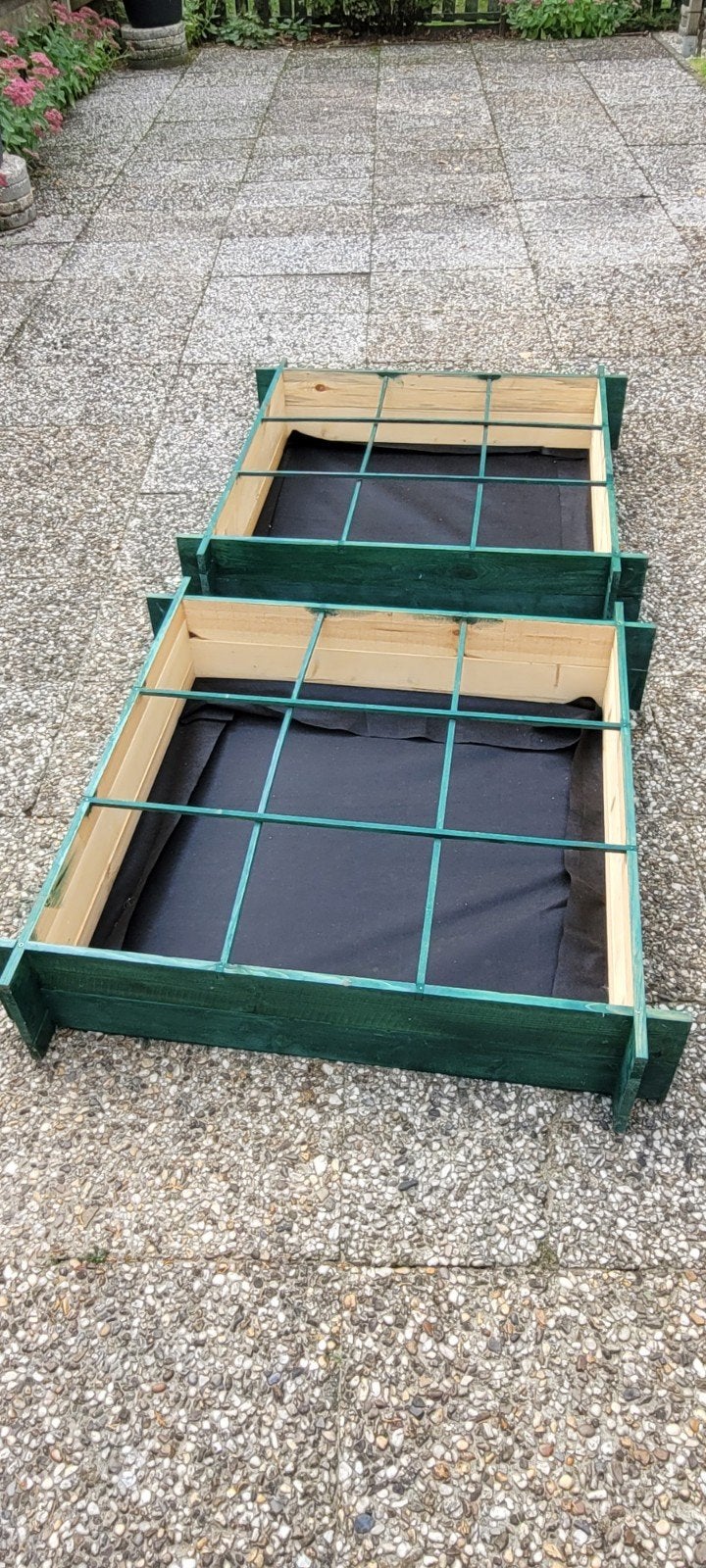 2x Houten plantenbakken/moestuinbakken groen, Ophalen, Gebruikt, Minder dan 30 cm, 100 cm of meer