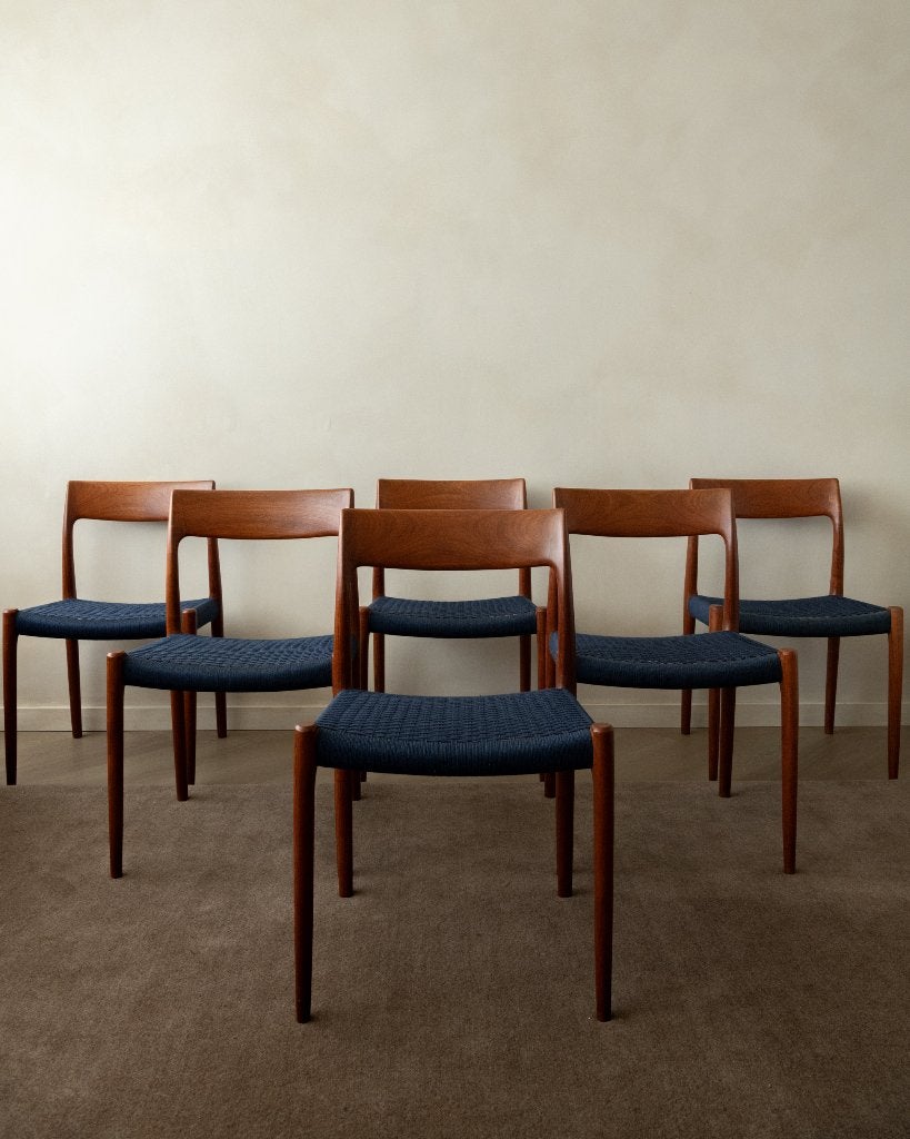 Vintage Deense Teak Eetkamerstoelen Model 77 Niels O. Møller, Huis en Inrichting, Hout, Gebruikt, Bruin, Ophalen of Verzenden