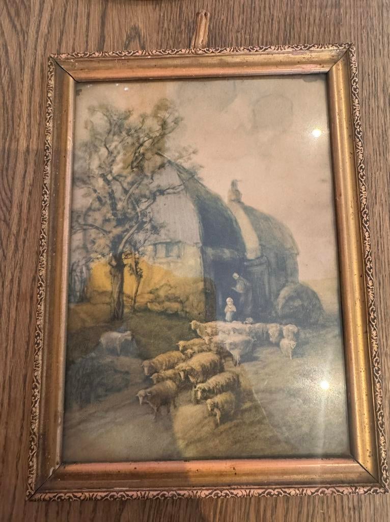 Oud lijstje met afbeelding schaapjes, Ophalen of Verzenden