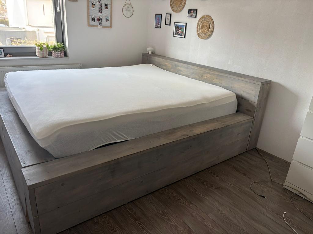 Steigerhouten tweepersoonsbed met hoofdboord, Steigerhout, Tweepersoons, Ophalen of Verzenden, Zo goed als nieuw