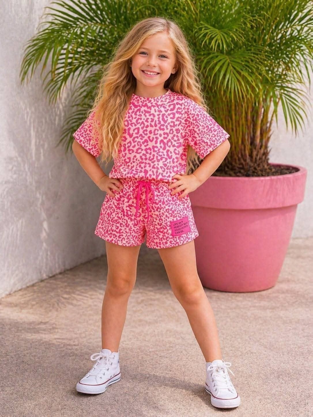 Zomersetje Meisjes Panterprint Shirt & Short Roze, Kinderen en Baby's, Kinderkleding | Maat 134, Meisje, Nieuw, Ophalen of Verzenden