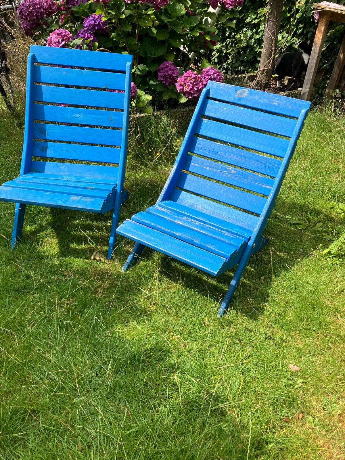 Blauwe houten tuinstoelen. Inklapbaar., Ophalen, Gebruikt, Hout, Inklapbaar