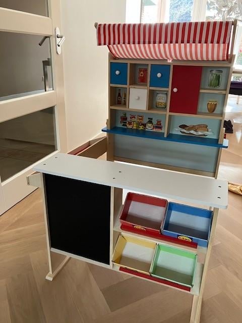 Houten winkel + kassa + producten, Ophalen, Gebruikt, Hout, Speelkeuken