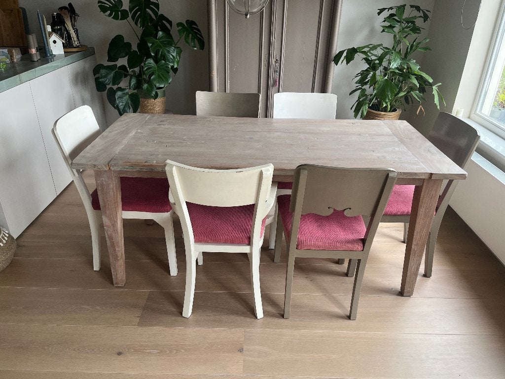 6 houten eettafel stoelen, Huis en Inrichting, Stoelen, Ophalen, Gebruikt, Overige kleuren, Landelijk