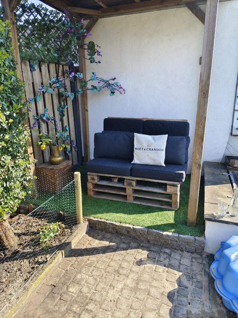 Palletbank met kussens, Gebruikt, Loungeset, Bank, Hout