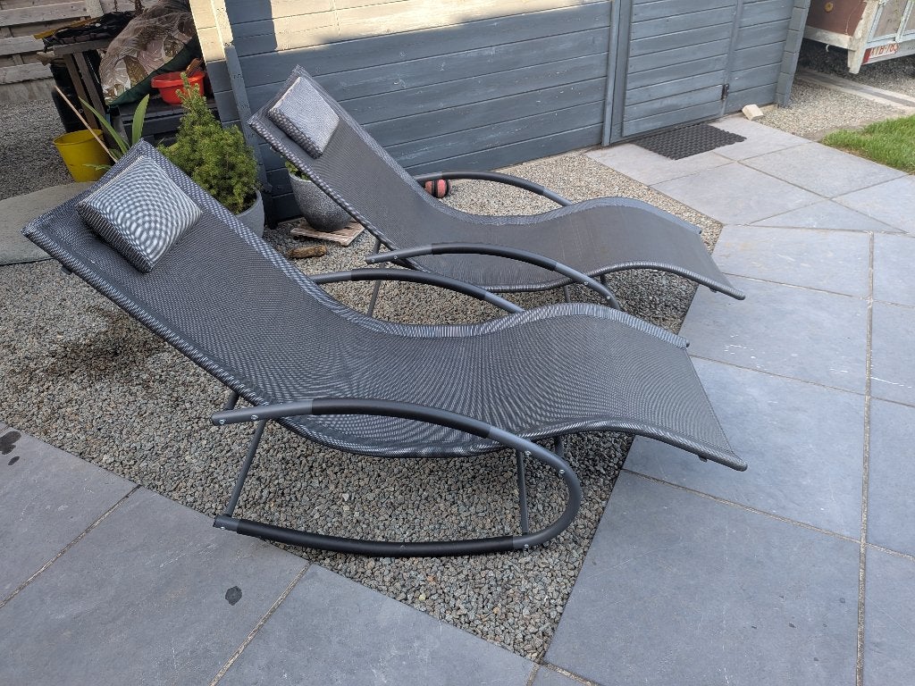 Set van 2 ergonomische schommel-ligbedden, Tuin en Terras, Ophalen, Zo goed als nieuw, Aluminium, Verstelbaar