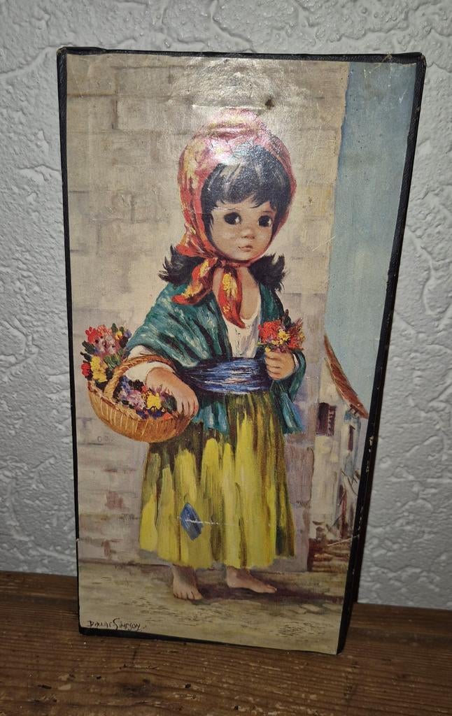 Vintage Schilderij Meisje met Bloemen, Ophalen of Verzenden