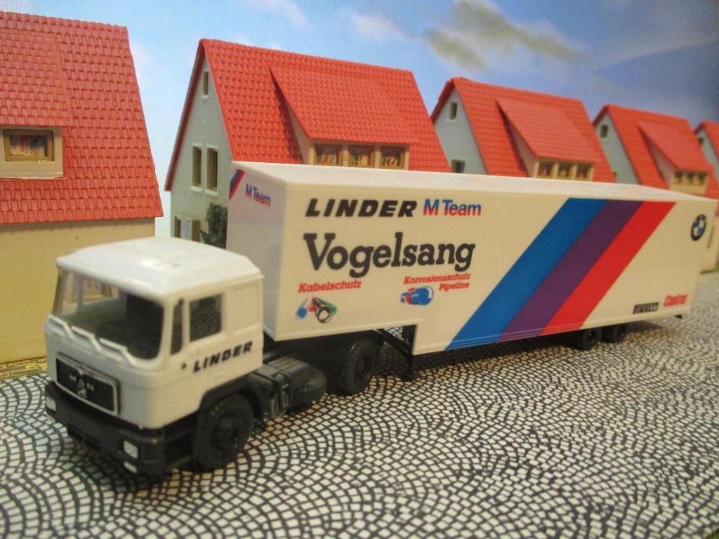 MAN F90 met volumetrailer - Herpa BMW Linder M-Team DTM, Ophalen of Verzenden, Gebruikt, Bus of Vrachtwagen, Herpa