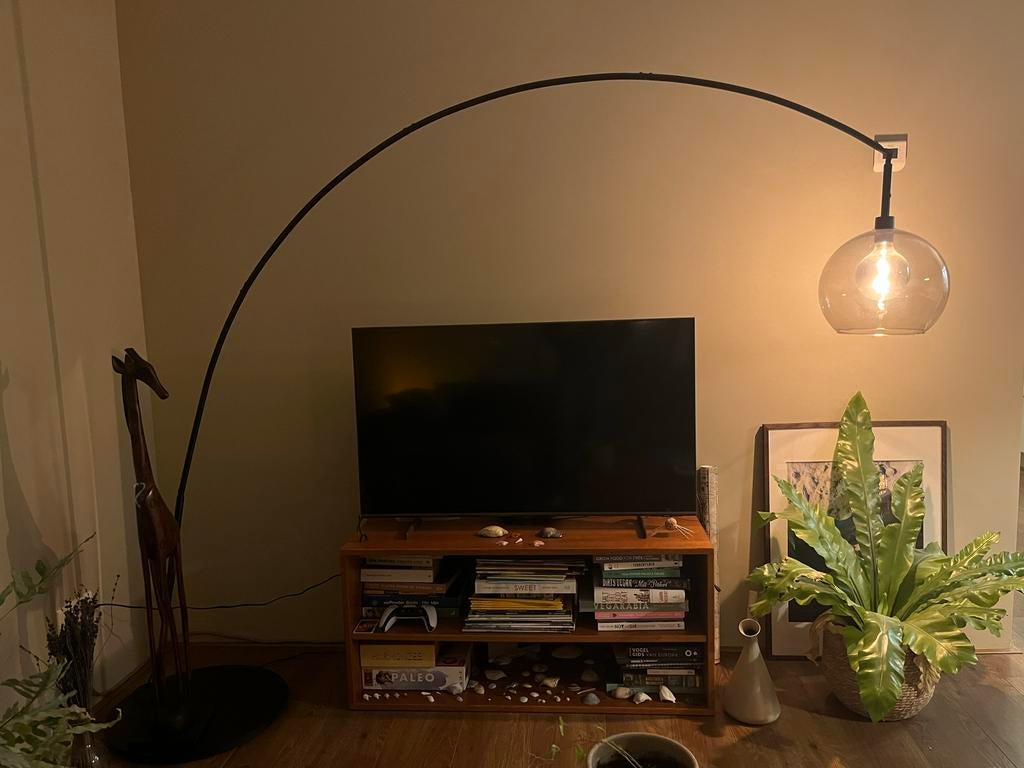 Booglamp inclusief ‘rook’glas lampenkap, Ophalen, Zo goed als nieuw, Metaal, 150 tot 200 cm