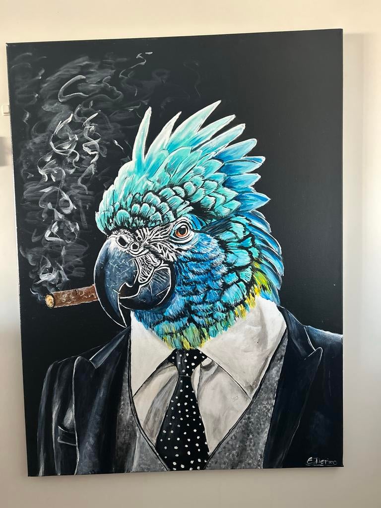 Portret Papegaai met Sigaar - Acryl op Canvas 60x80 cm, Ophalen of Verzenden