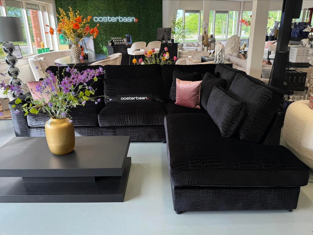 Luxe Velvet Croco Hoekbank Pocket 310x250cm Zwart NIEUW NEW, Info@oosterbaanwonen.nl, Venus 31 8448CE Heerenveen, Hoekbank, Oosterbaan Wonen
