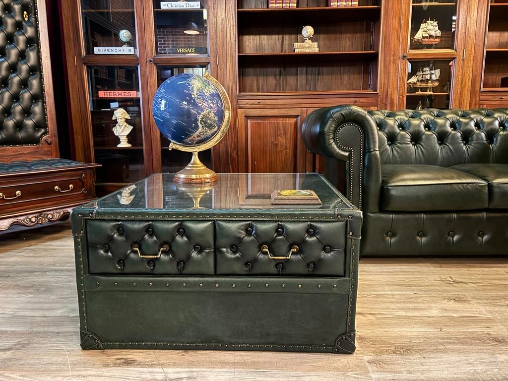 Chesterfield salontafel groen leer, Huis en Inrichting, Banken | Bankstellen, Ophalen, Info@chesterfieldjunkie.nl, Zo goed als nieuw