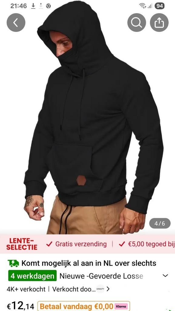 Zwarte Hoodie met Capuchon en mondkap, Maat 48/50 (M), Zwart, Nieuw, Ophalen of Verzenden