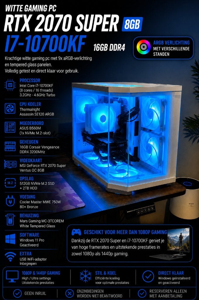 Gaming PC | RTX 2070 Super | 16GB | i7-10700KF, 2.26TB, Refurbished, Ophalen of Verzenden, Gaming