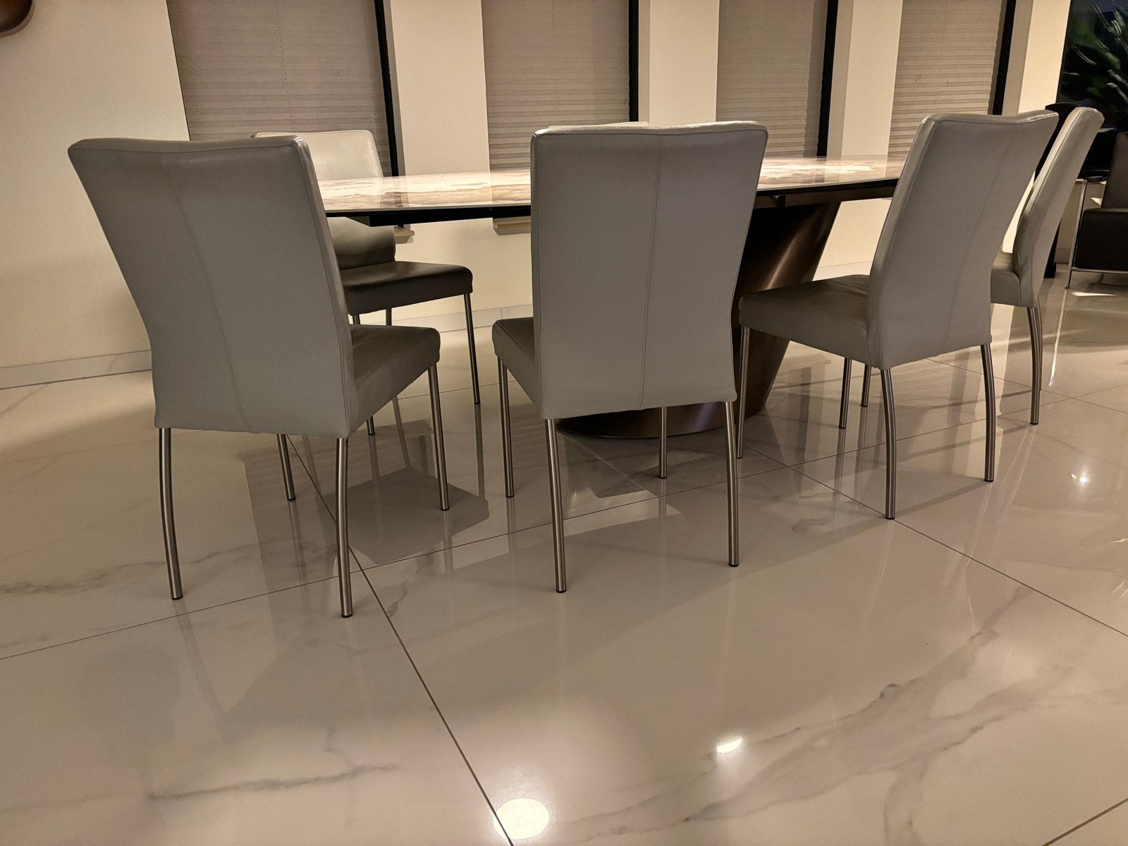6 Leren eetkamerstoelen in goede conditie, Ophalen, Grijs, Leer, Vijf, Zes of meer stoelen