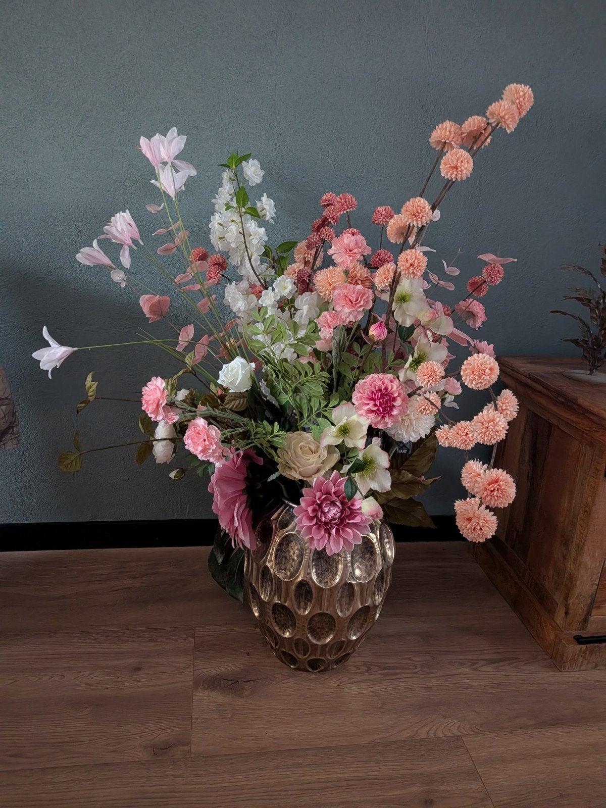 Luxe kunstboeket met roze & perzik bloemen + vaas, Ophalen, Binnen, ., Kunstbloem