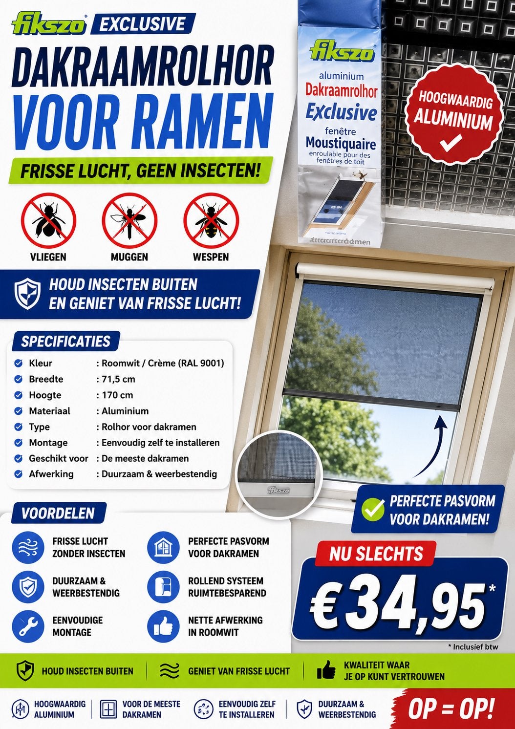 Fikszo Dakraamrolhor Exclusive - 71,5x170cm - Nieuw, Ophalen, Minder dan 80 cm, Nieuw, 160 cm of meer