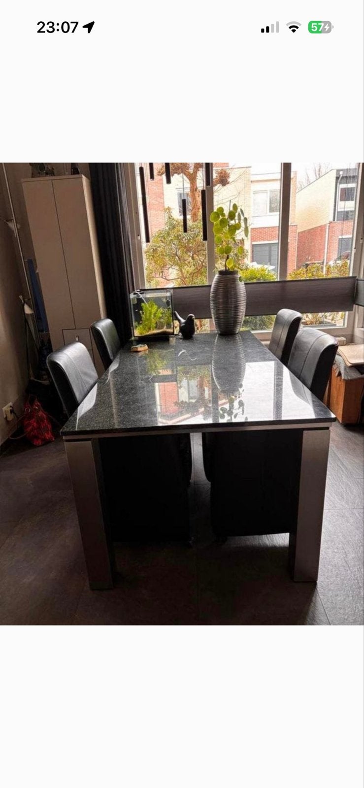 Impala Granieten Eettafel 200x100 met 4 Lederen Stoelen, Ophalen, Overige materialen, 100 tot 150 cm, Zo goed als nieuw