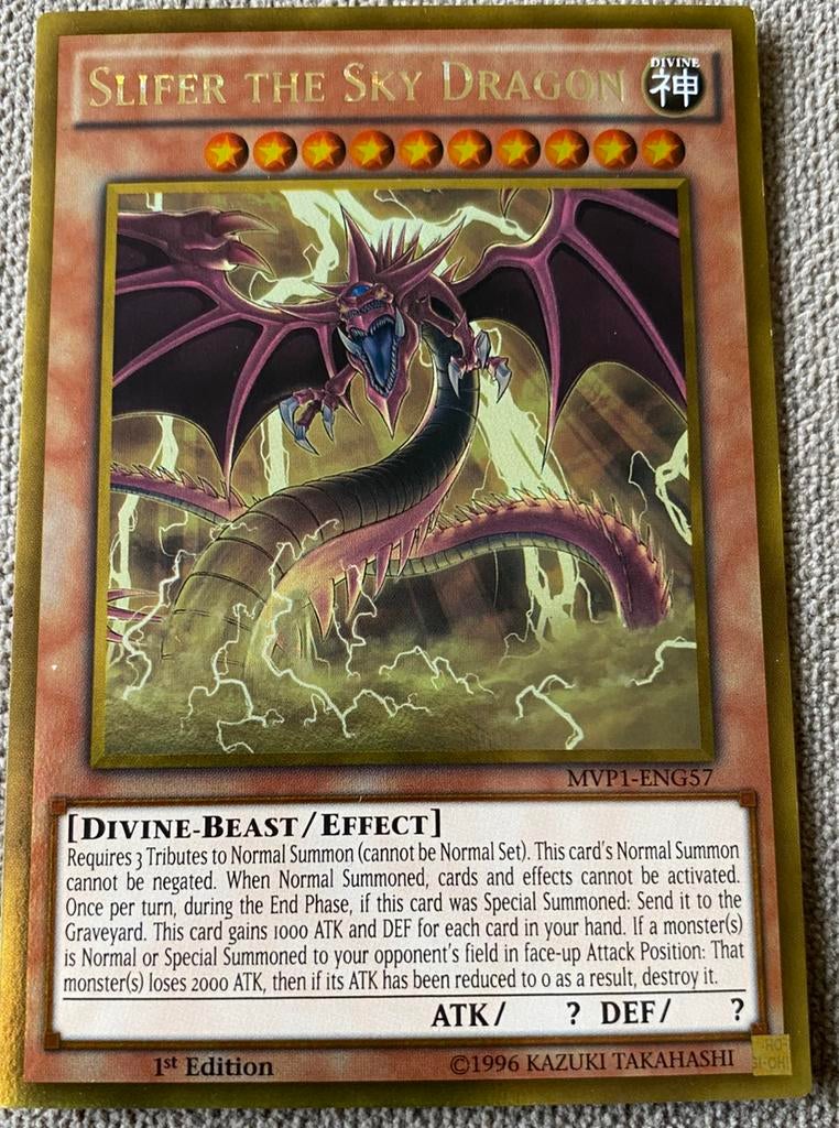 Yu-Gi-Oh! Slifer the Sky Dragon MVP1 1st Edition !, Ophalen of Verzenden, Zo goed als nieuw, Losse kaart, Foil