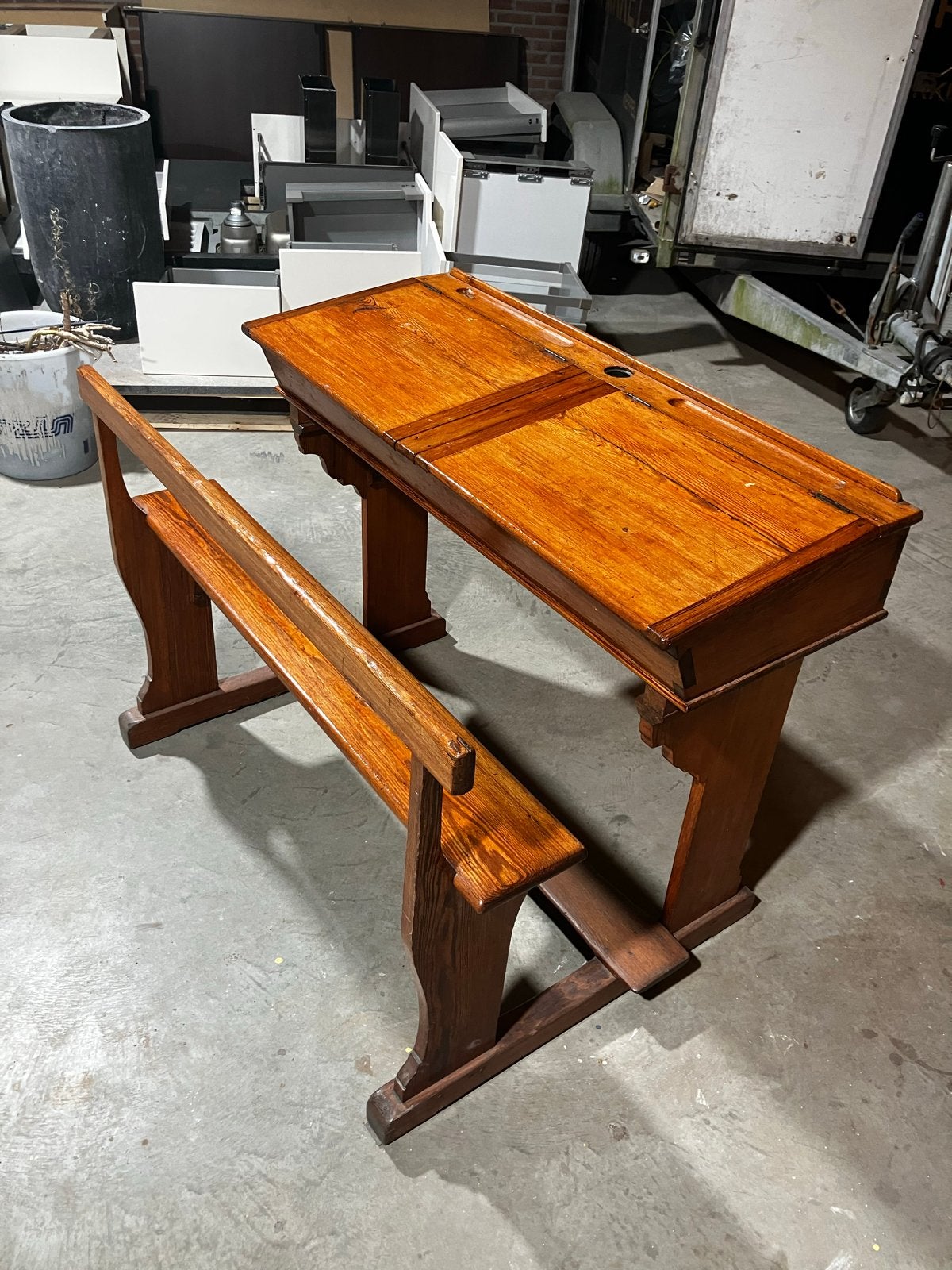 Vintage houten schoolbank met bankje, Ophalen